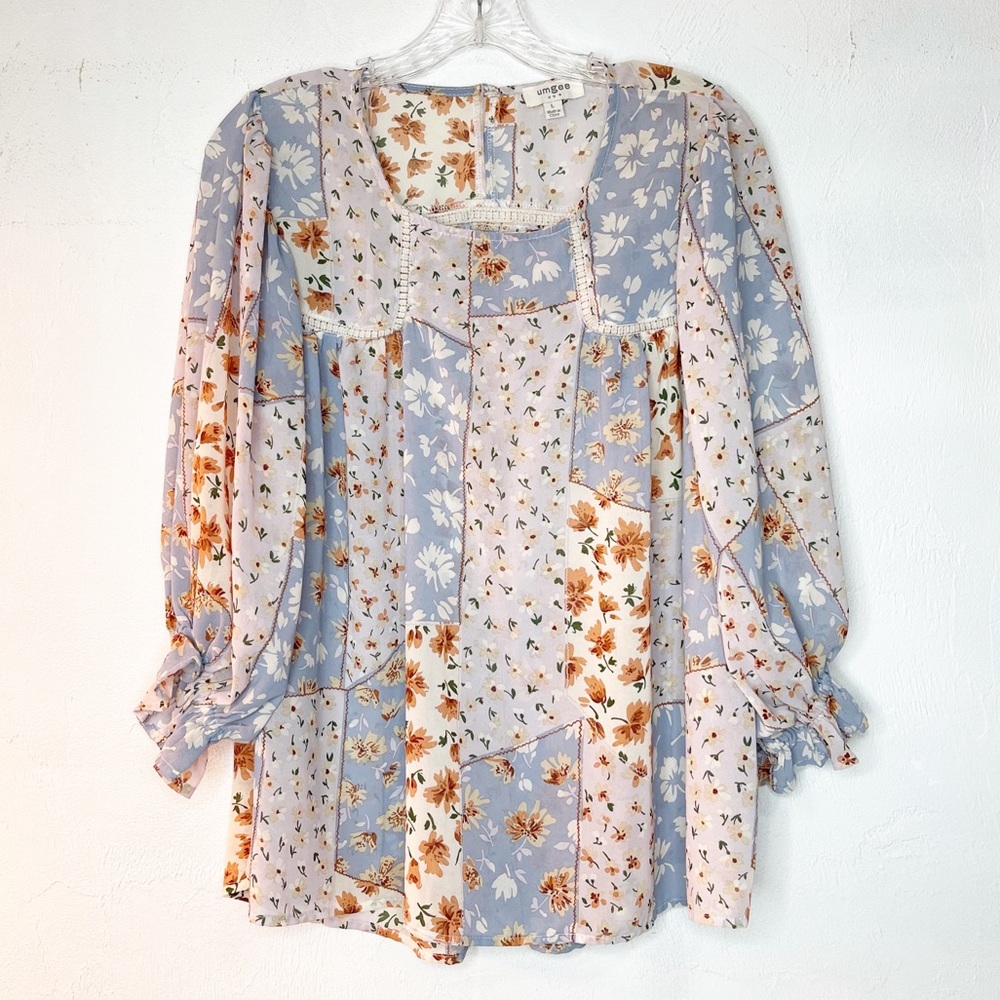 Umgee Floral Patchwork Blouse - Blue and Orange